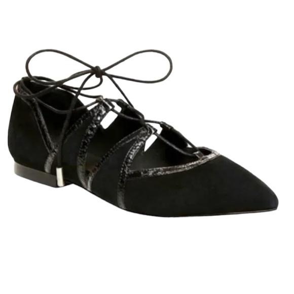 Brian Atwood Sanaa Suede Leather Lace Up Ballet Flats Shoes Pointy Toes Black - Picture 1 of 16